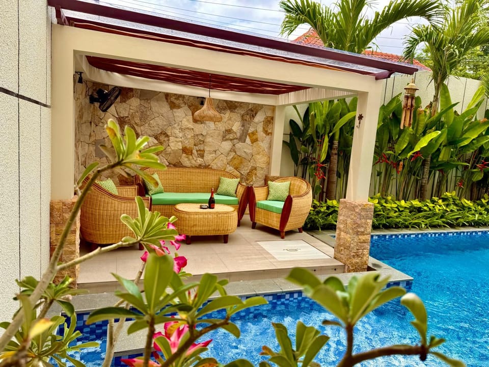Patio, Spring, Day, Garden, Seating area, Garden view, Pool view, Swimming pool