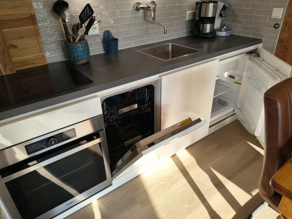 Kitchen or kitchenette, dishwasher, oven, stove