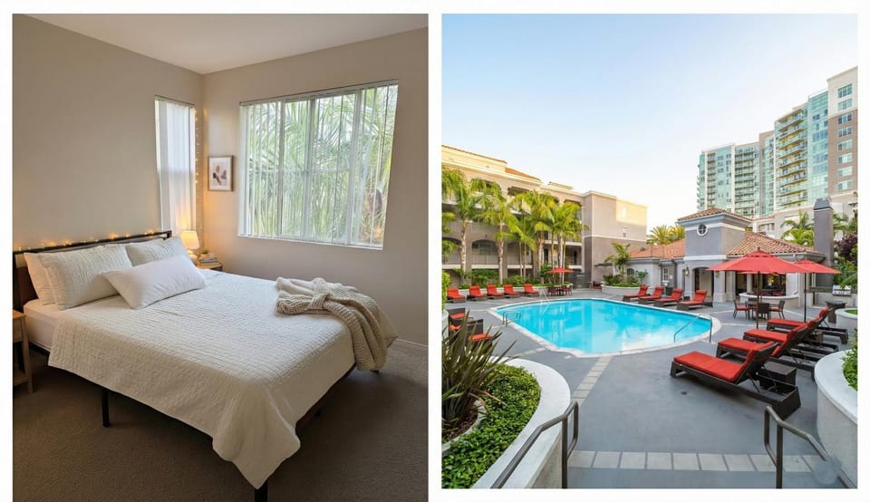 Property building, Patio, Bed, Day, Natural landscape, Garden, Living room, Seating area, Bedroom, Garden view, Pool view, Swimming pool, sunbed, towels