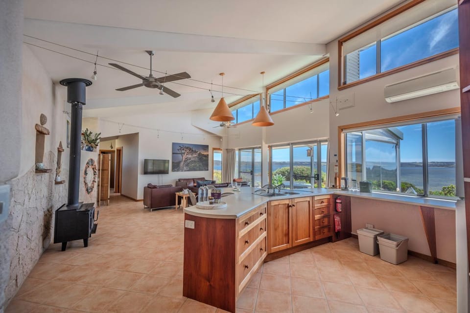 Natural landscape, Living room, Seating area, Dining area, Sea view, fireplace, kitchen