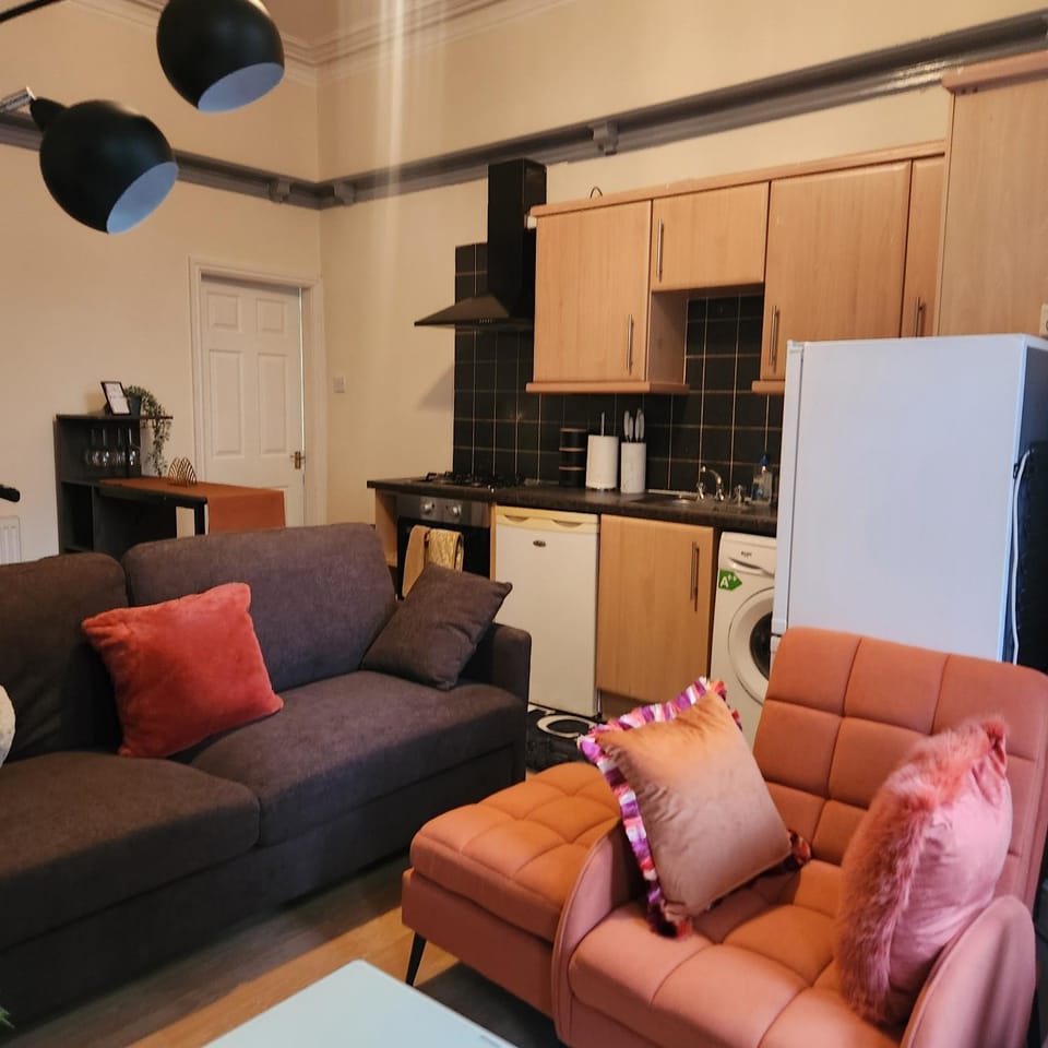 Kitchen or kitchenette, Living room, Seating area, furniture, oven, stove, washing machine