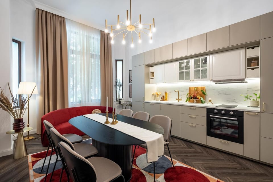 Kitchen or kitchenette, Living room, Seating area, Dining area, dishwasher, oven, stove