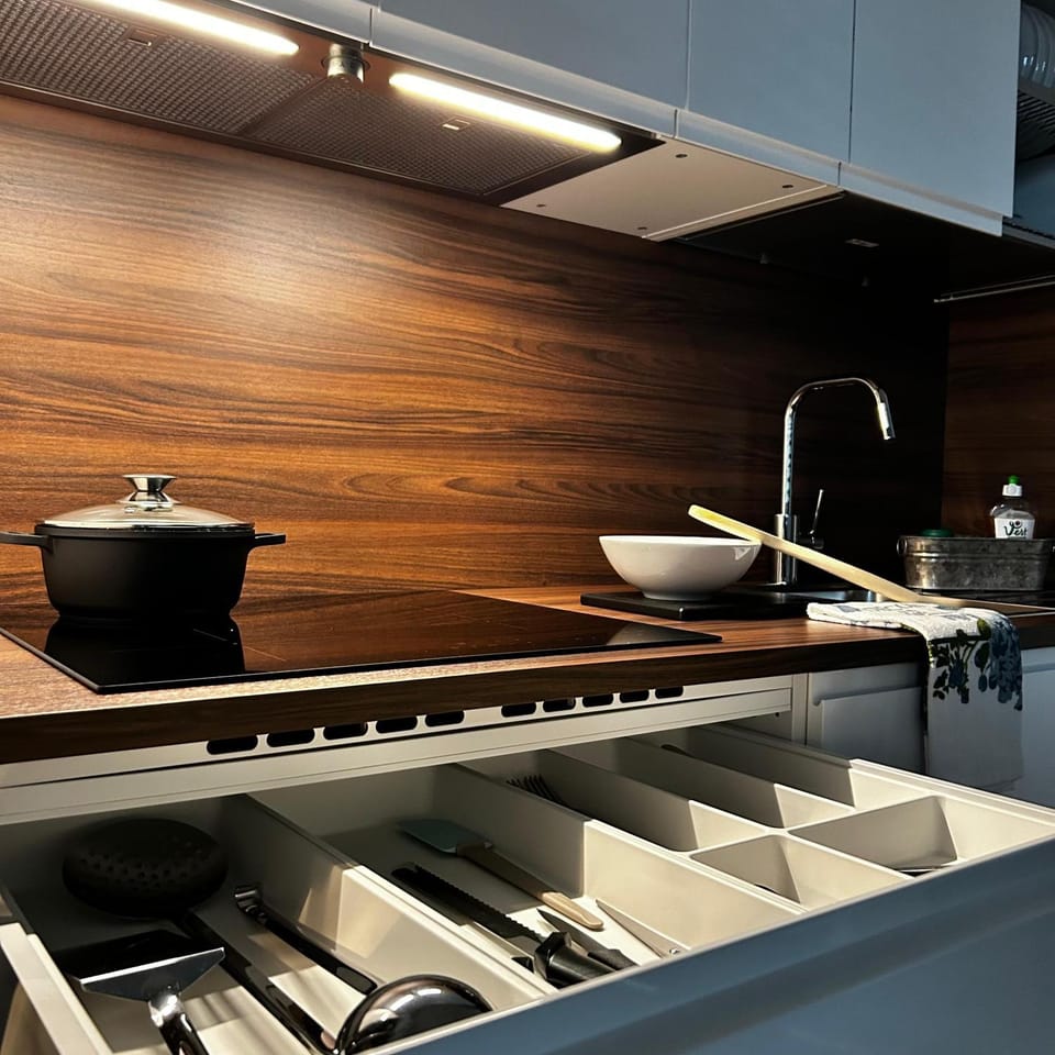 Kitchen or kitchenette, stove