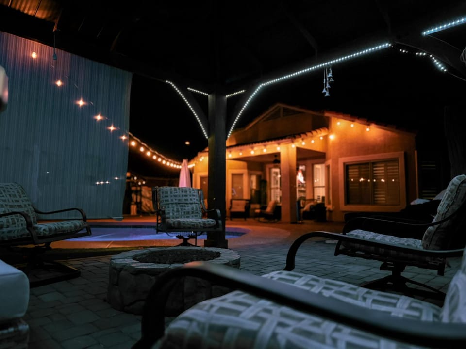 Patio, Night, Seating area, Swimming pool