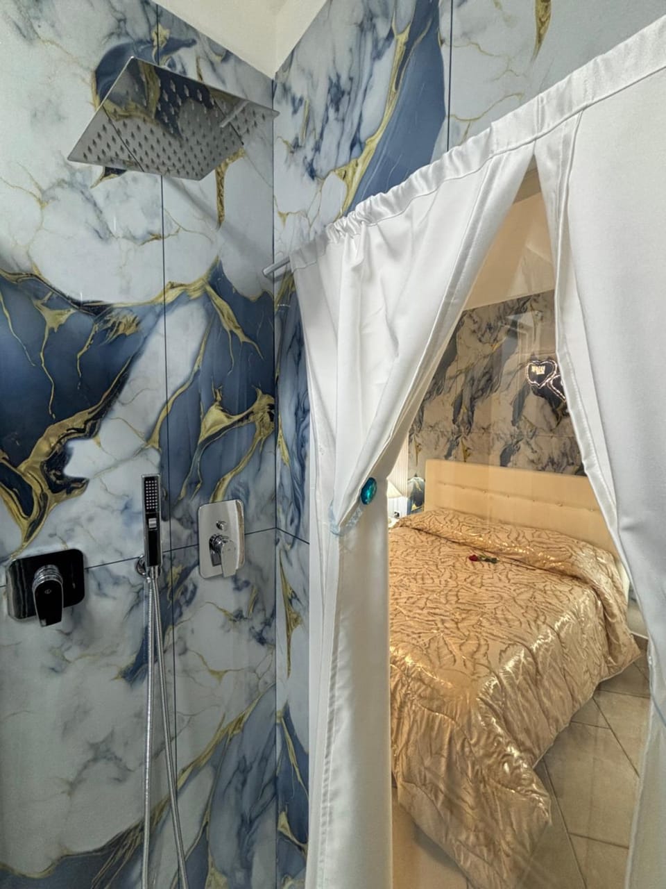 Shower, Bed, Bathroom, Bedroom