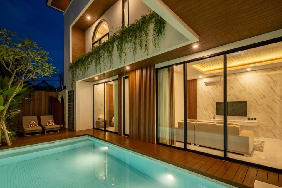 Property building, Patio, Night, Swimming pool