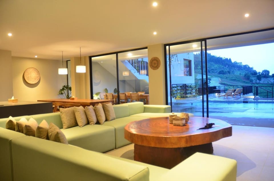Natural landscape, Living room, Seating area, Pool view, Swimming pool