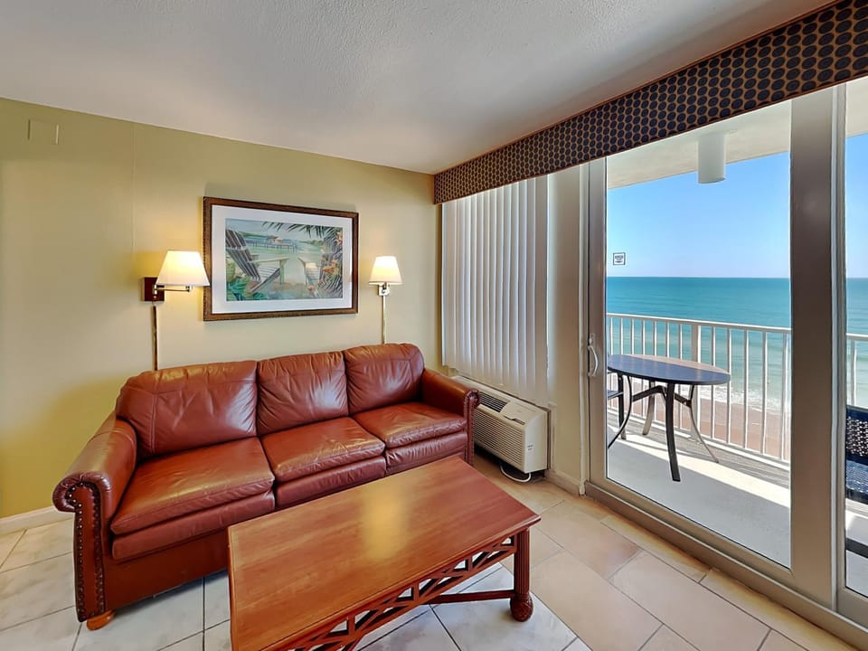 Day, View (from property/room), Balcony/Terrace, Living room, Seating area, Beach, Sea view, furniture, air conditioner