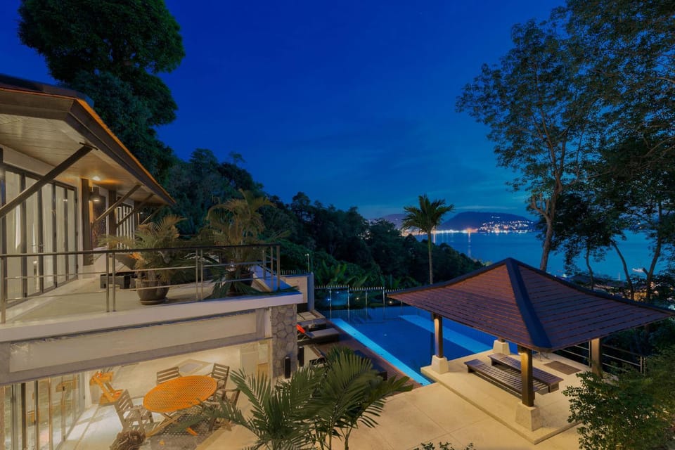 Property building, Night, Balcony/Terrace, Lake view, Pool view, Sea view, Swimming pool