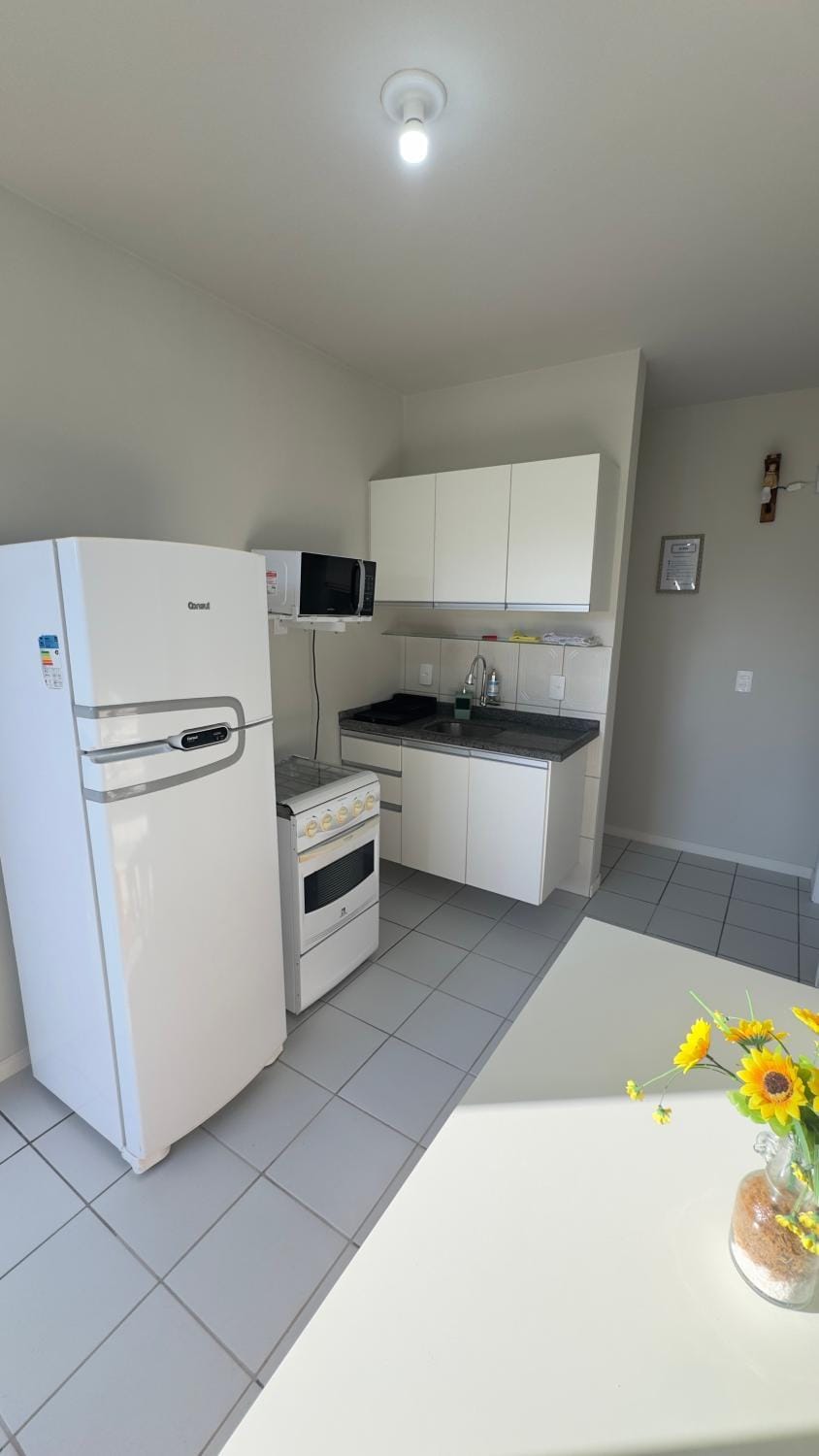 Photo of the whole room, microwave, stove, kitchen