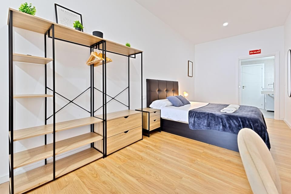Bed, wardrobe