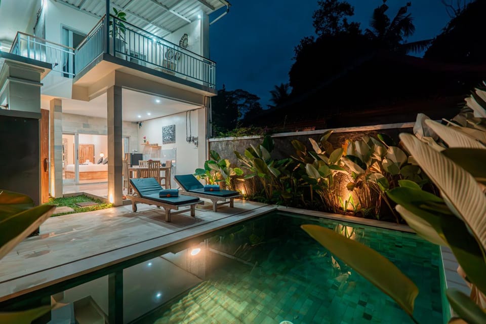 Property building, Patio, Night, View (from property/room), Balcony/Terrace, Pool view, Swimming pool