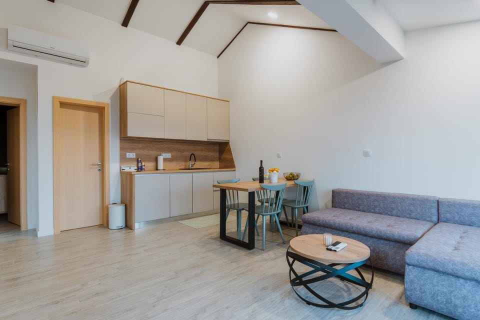 Kitchen or kitchenette, Living room, Seating area, Dining area