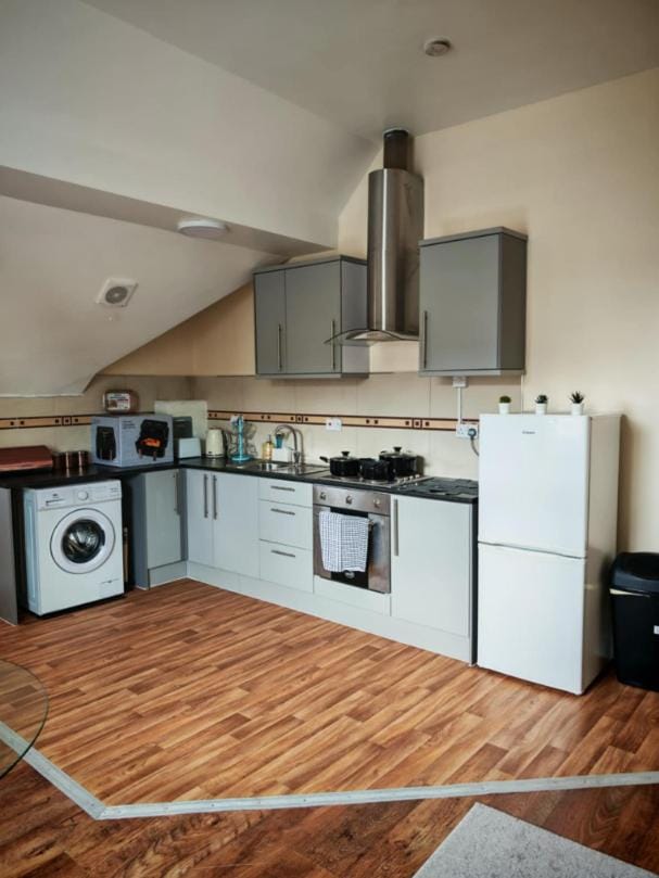 Kitchen or kitchenette, oven, stove, toaster, washing machine, dryer