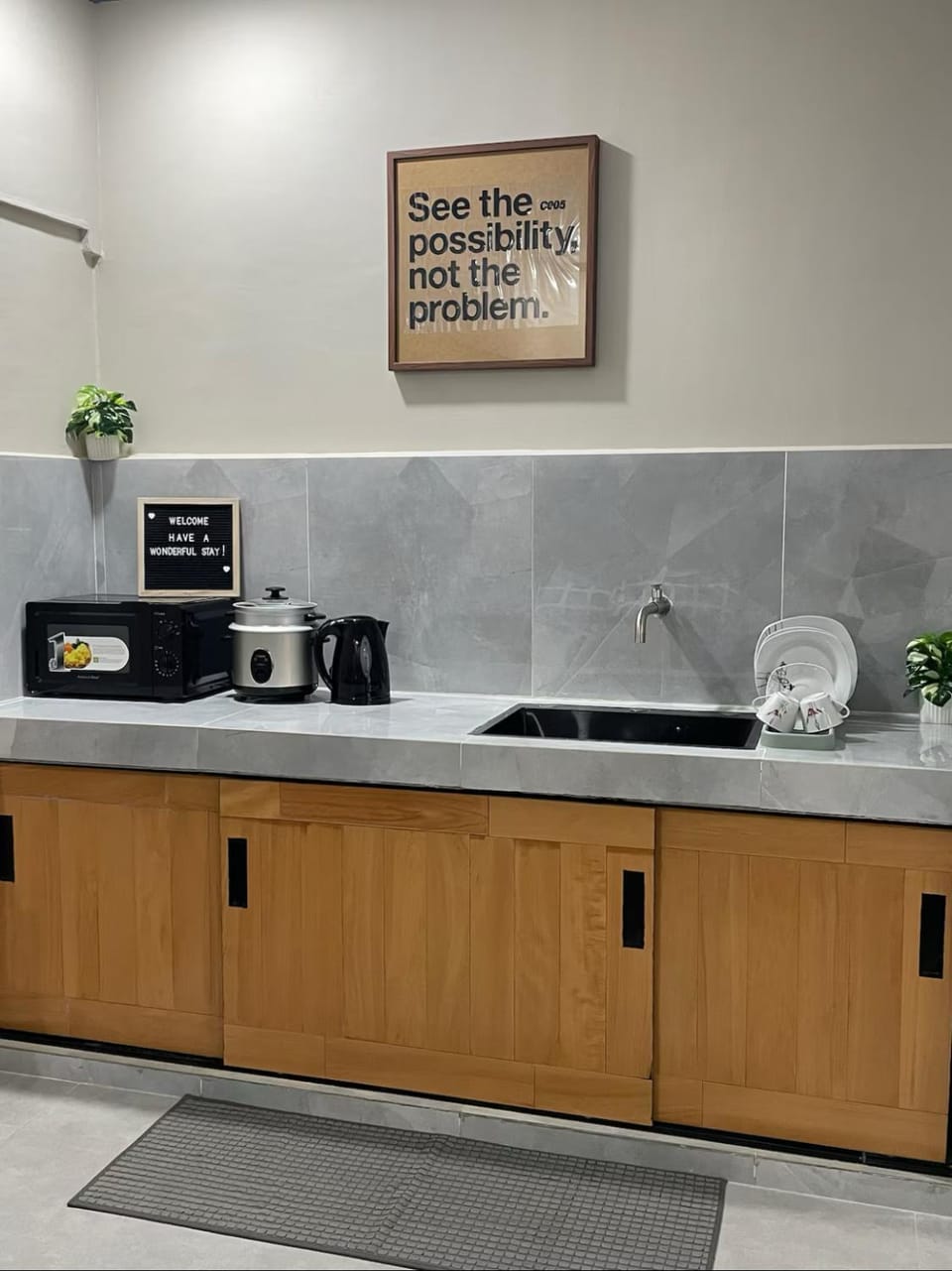 Kitchen or kitchenette, microwave