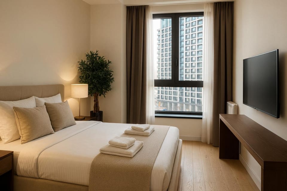 Bed, TV and multimedia, Photo of the whole room, Evening entertainment, Bedroom, towels