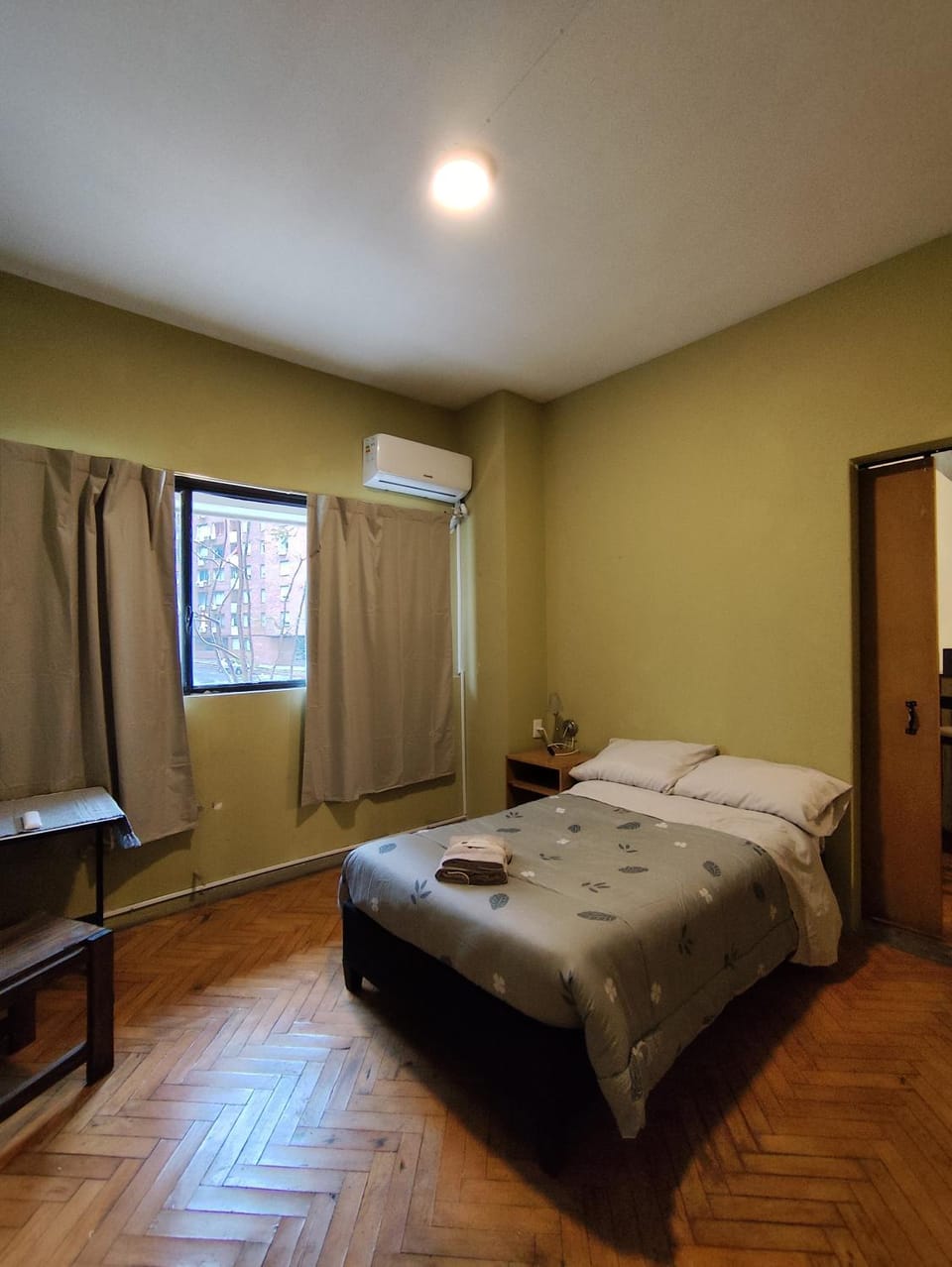 Bed, Photo of the whole room, Bedroom, towels, air conditioner