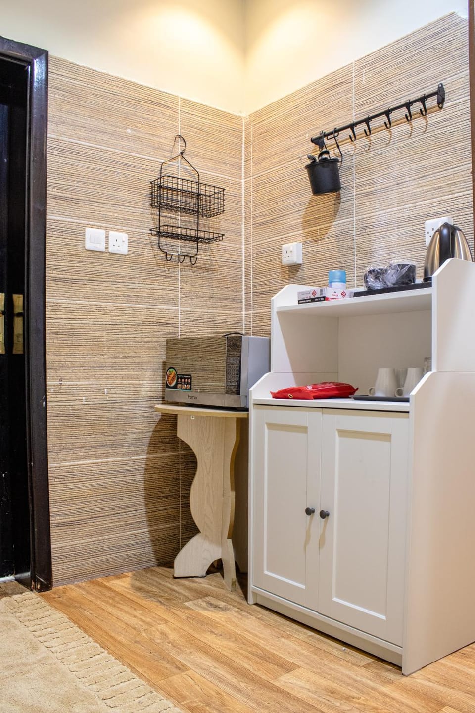Kitchen or kitchenette, microwave
