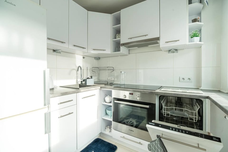 Kitchen or kitchenette, dishwasher, oven, stove