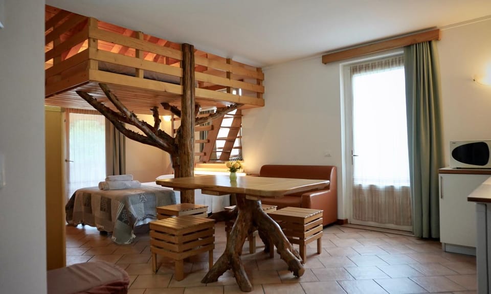 Bed, Living room, Dining area