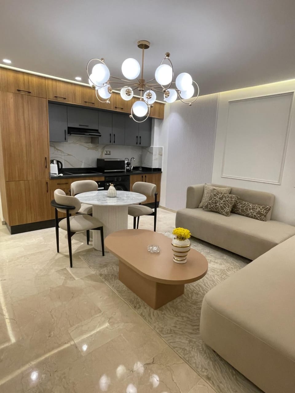 Kitchen or kitchenette, Living room, Seating area, Dining area