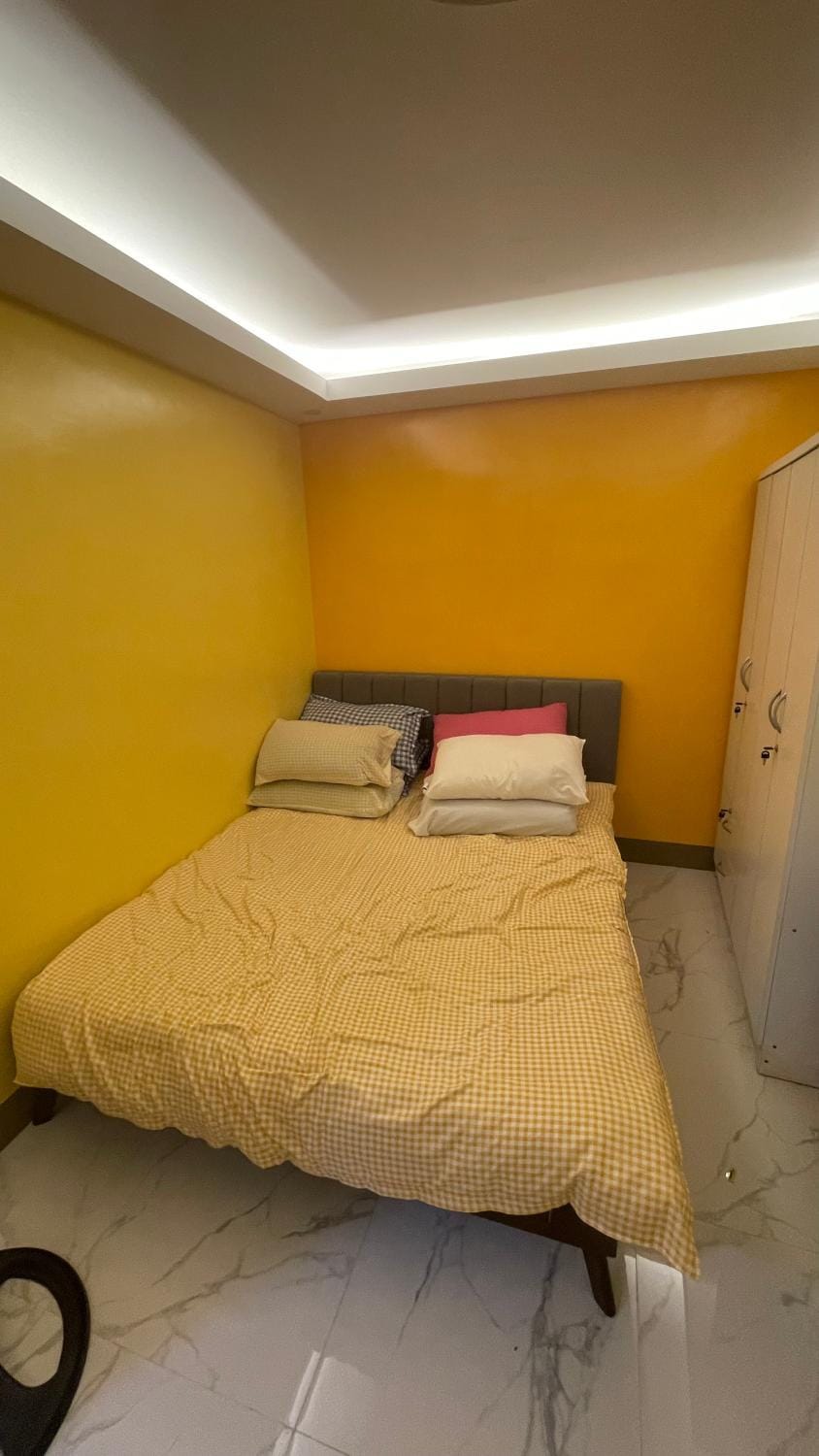 Bed, wardrobe