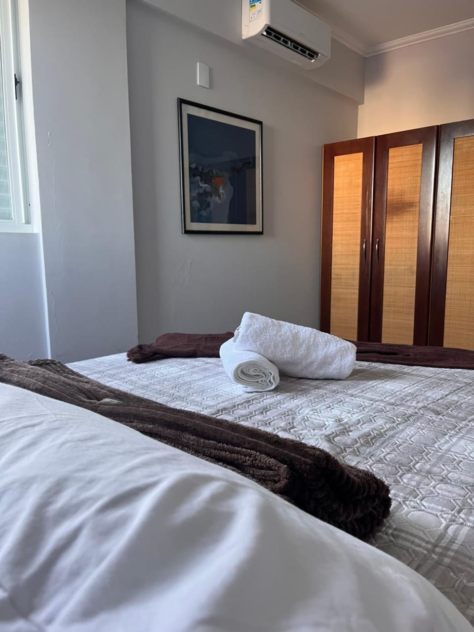 Bed, Photo of the whole room, Bedroom, towels, wardrobe, air conditioner