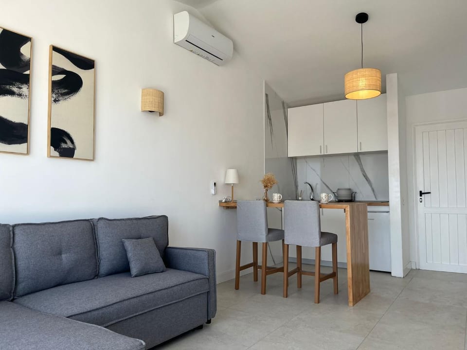 Kitchen or kitchenette, Living room, Seating area, Dining area, air conditioner