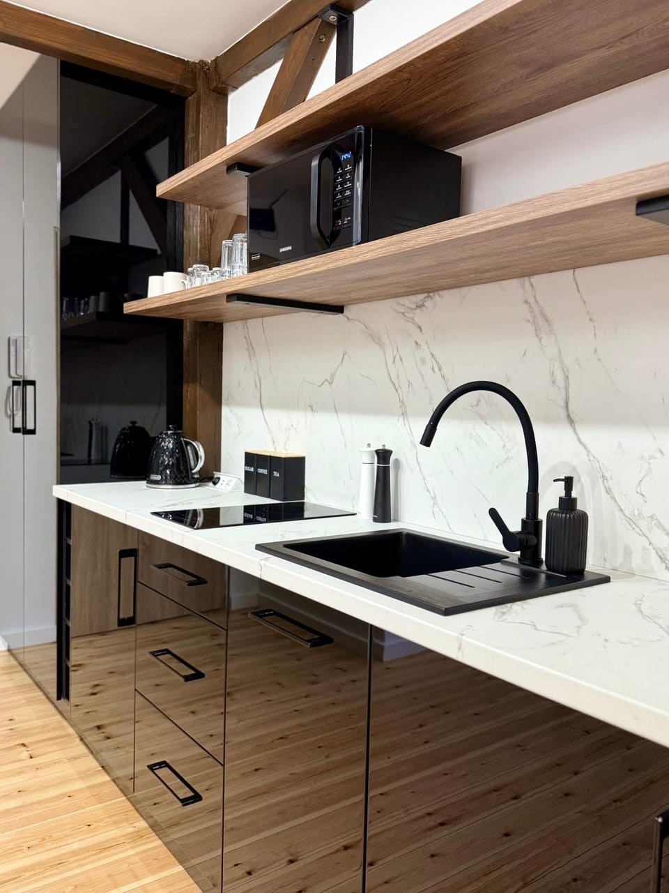 Kitchen or kitchenette, stove