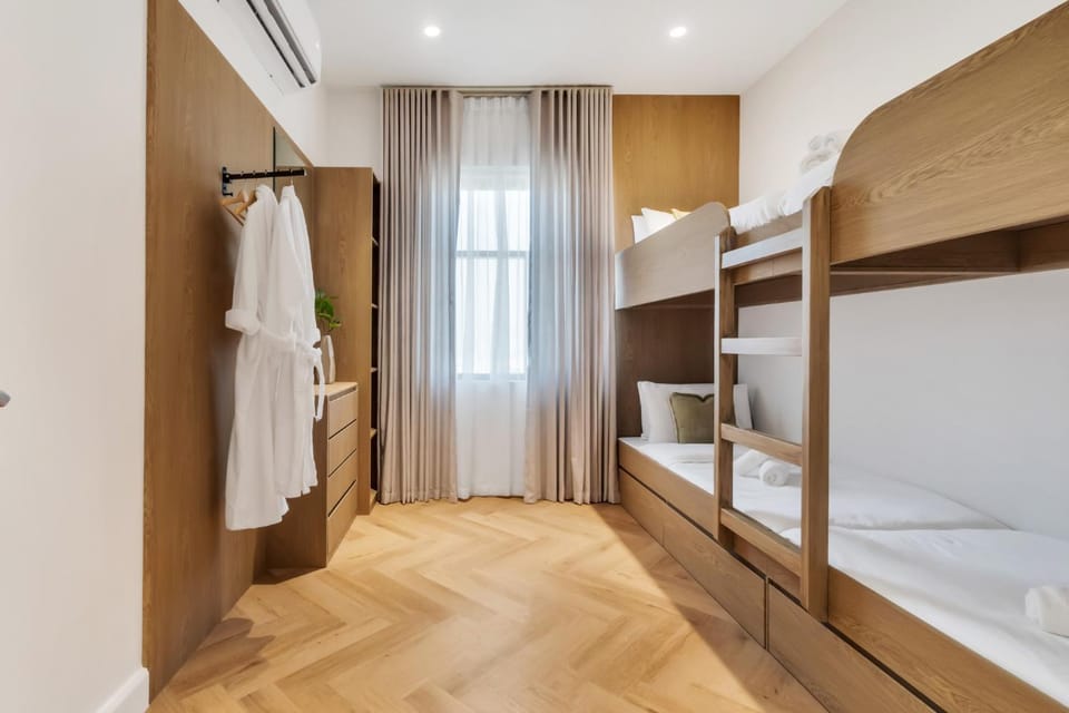 Bed, Photo of the whole room, Bedroom, bunk bed, towels, wardrobe