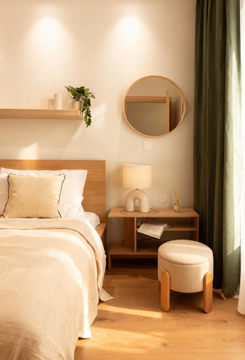 Bed, Decorative detail, Decorative detail, Bedroom, flat iron, hair dryier, air conditioner, air conditioner