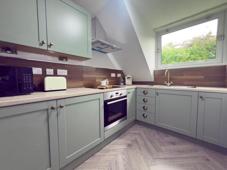 Kitchen or kitchenette, microwave, oven, stove, toaster