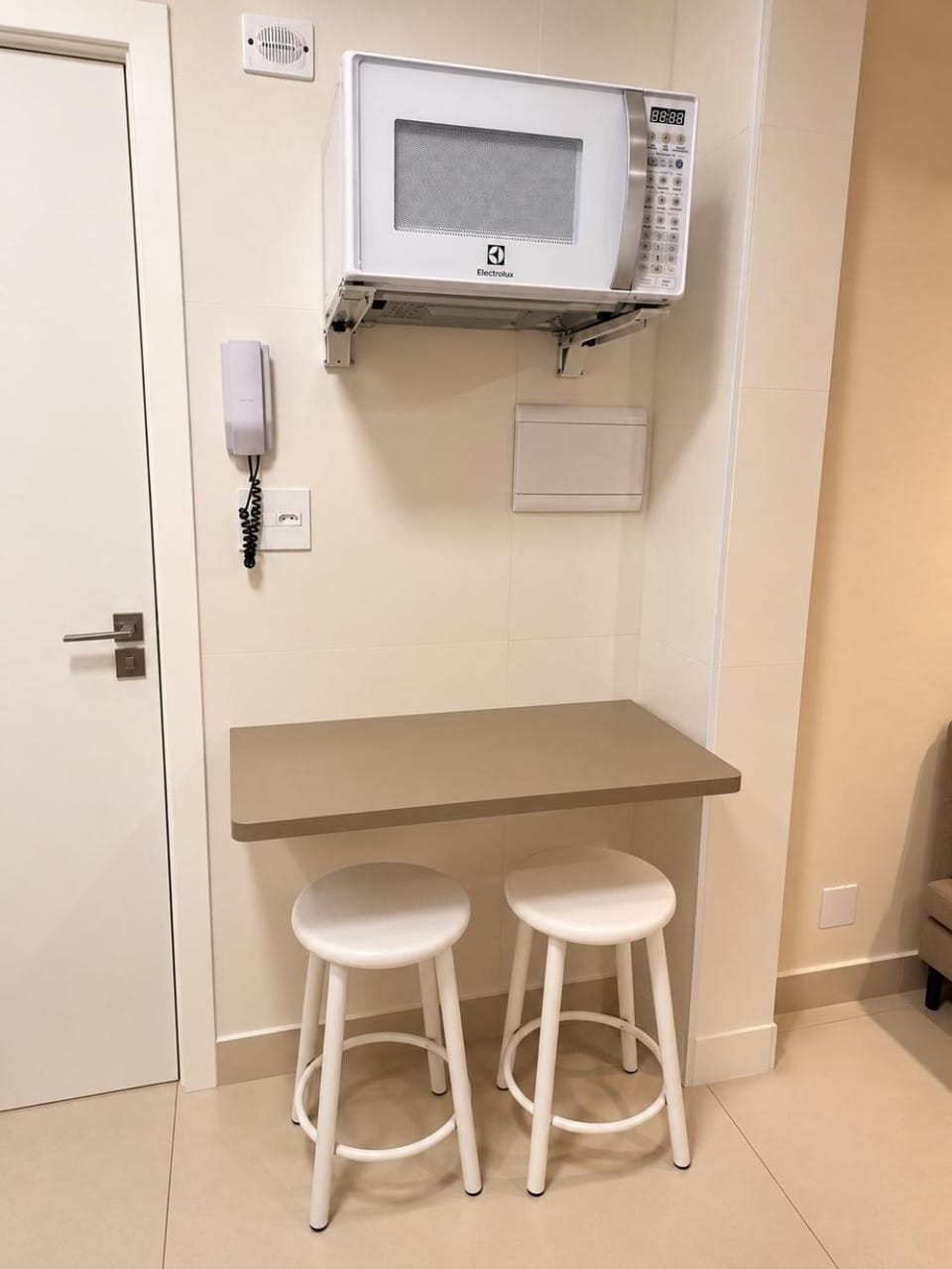 Kitchen or kitchenette, microwave