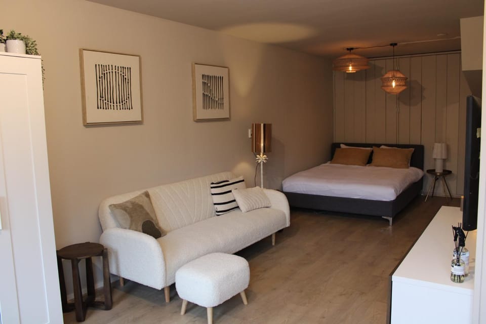 Bed, Living room, Seating area, Bedroom