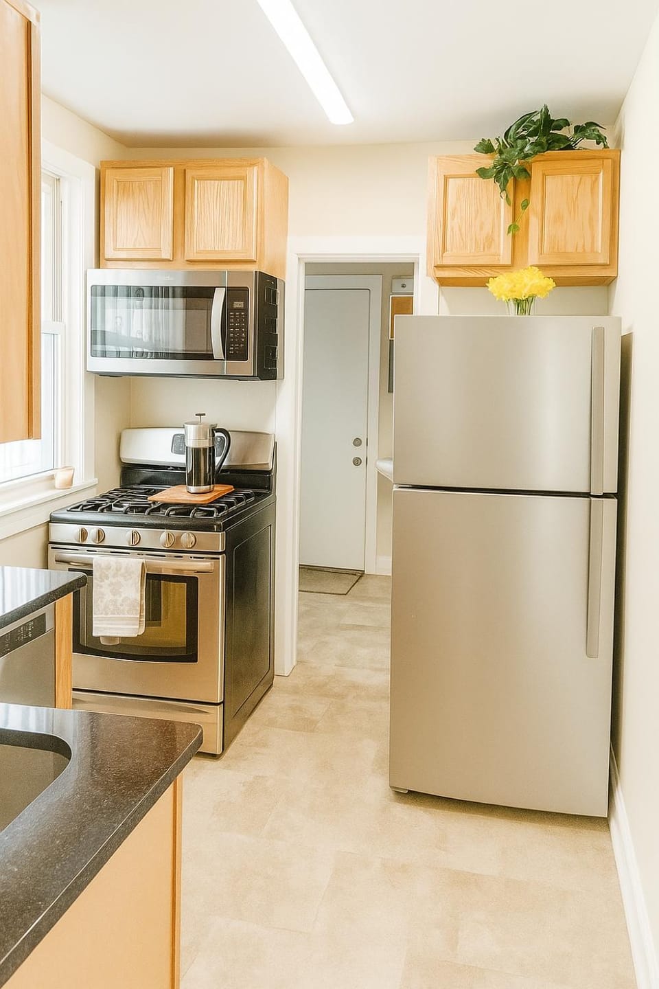 Kitchen or kitchenette, dishwasher, oven, stove
