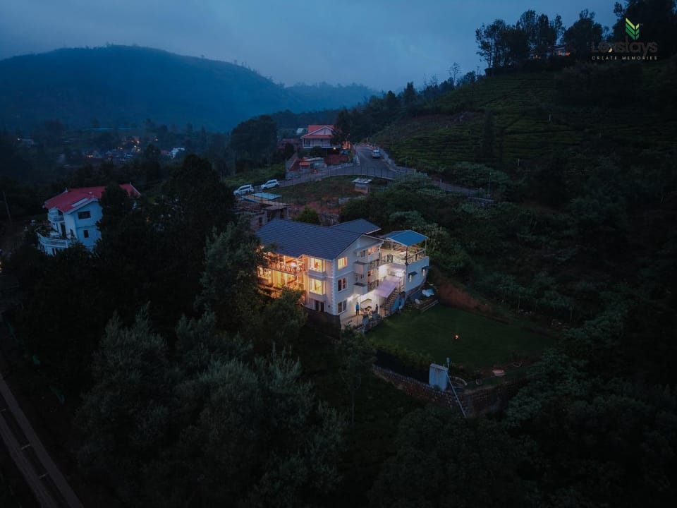 Property building, Night, Natural landscape, Bird's eye view, Mountain view