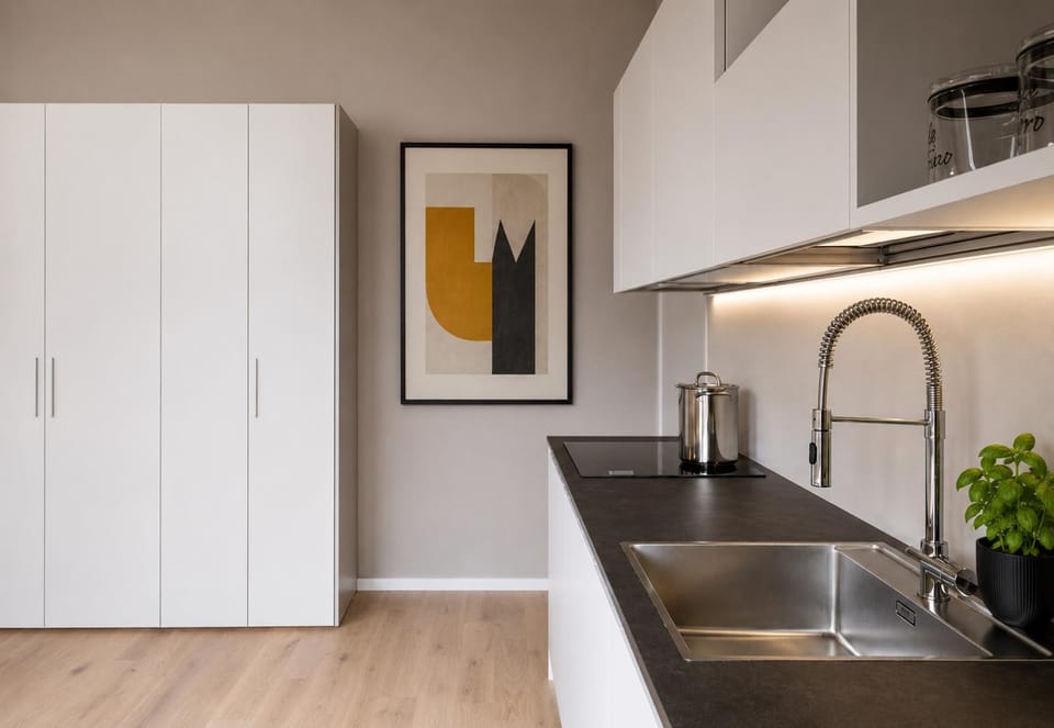 Kitchen or kitchenette, stove