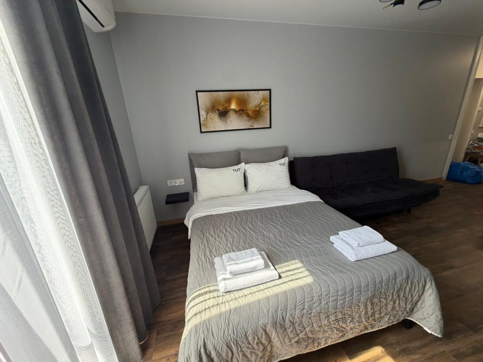 Bed, Photo of the whole room, Bedroom, towels, air conditioner