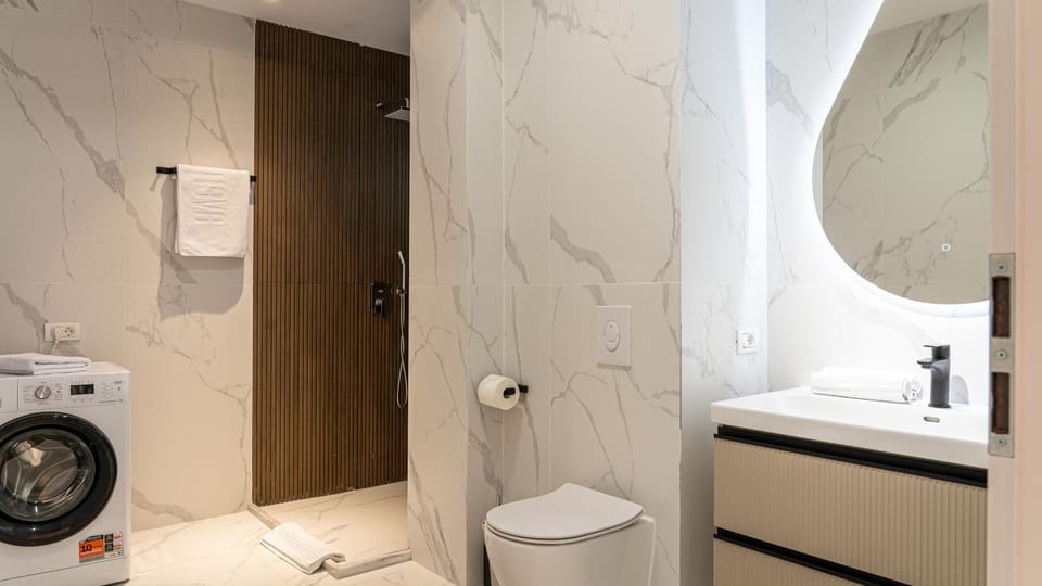 Shower, Toilet, towels, washing machine