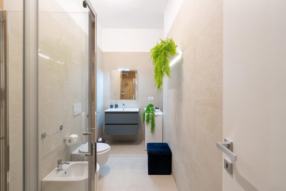 Shower, Toilet, Bathroom, bidet, hair dryier, towels, washing machine