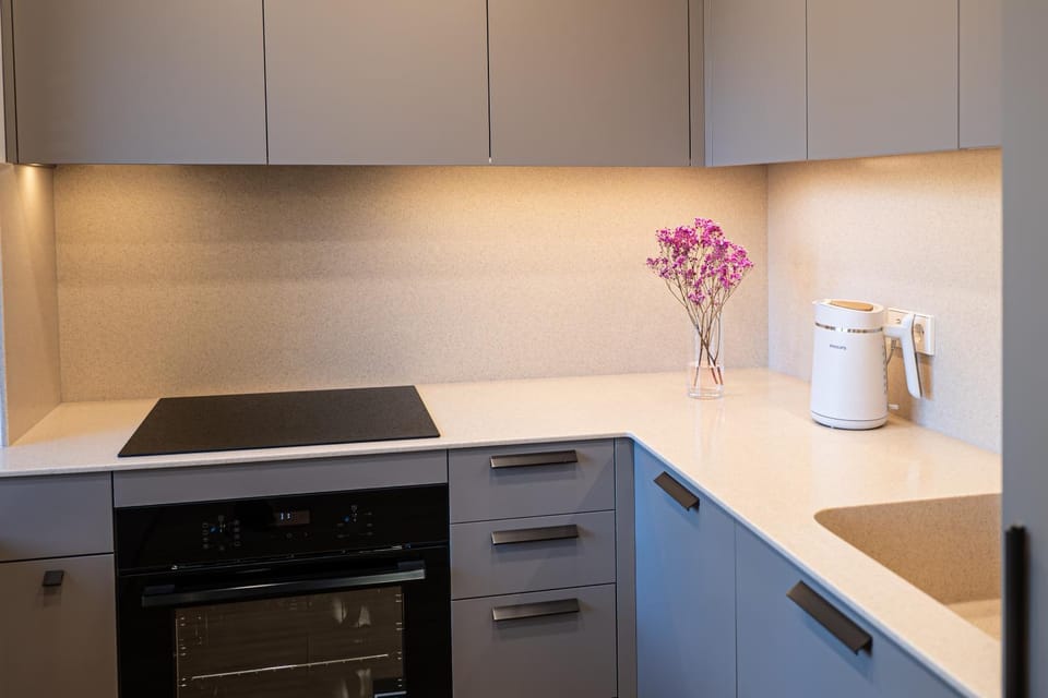 Kitchen or kitchenette, stove