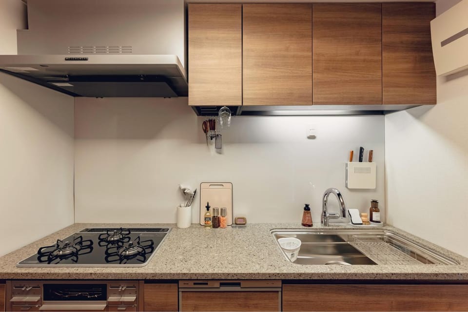 Kitchen or kitchenette, stove