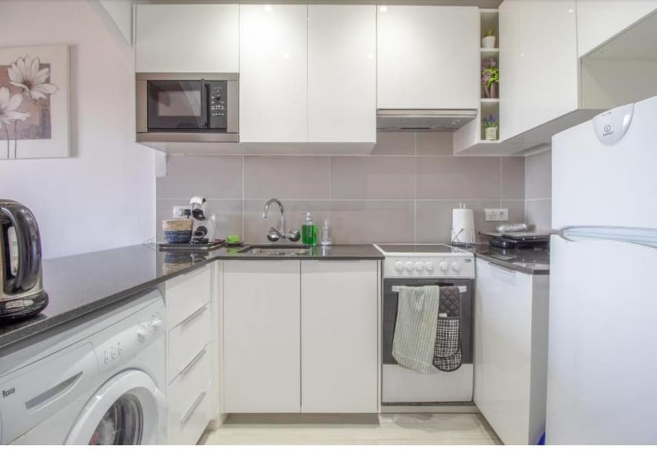Kitchen or kitchenette, oven, stove, toaster, washing machine