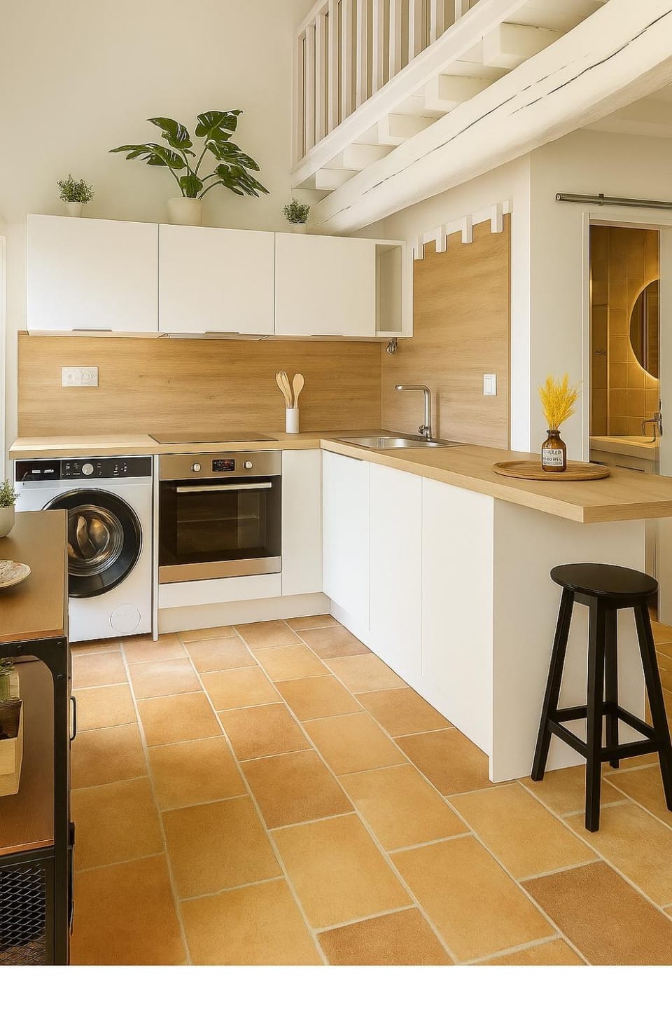 Kitchen or kitchenette, oven, stove, toaster, washing machine