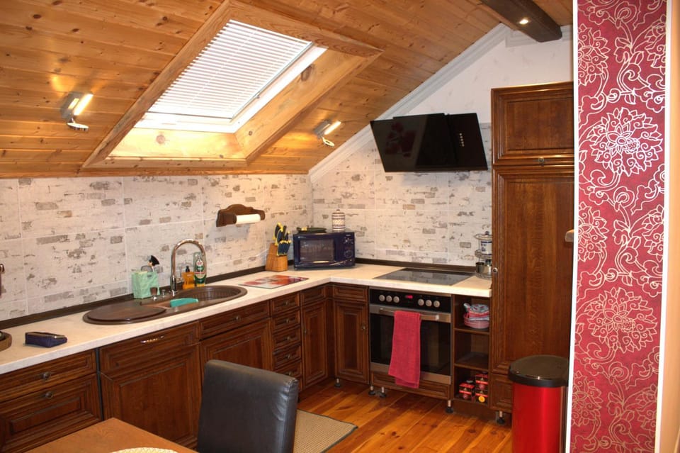 Kitchen or kitchenette, oven, stove, toaster