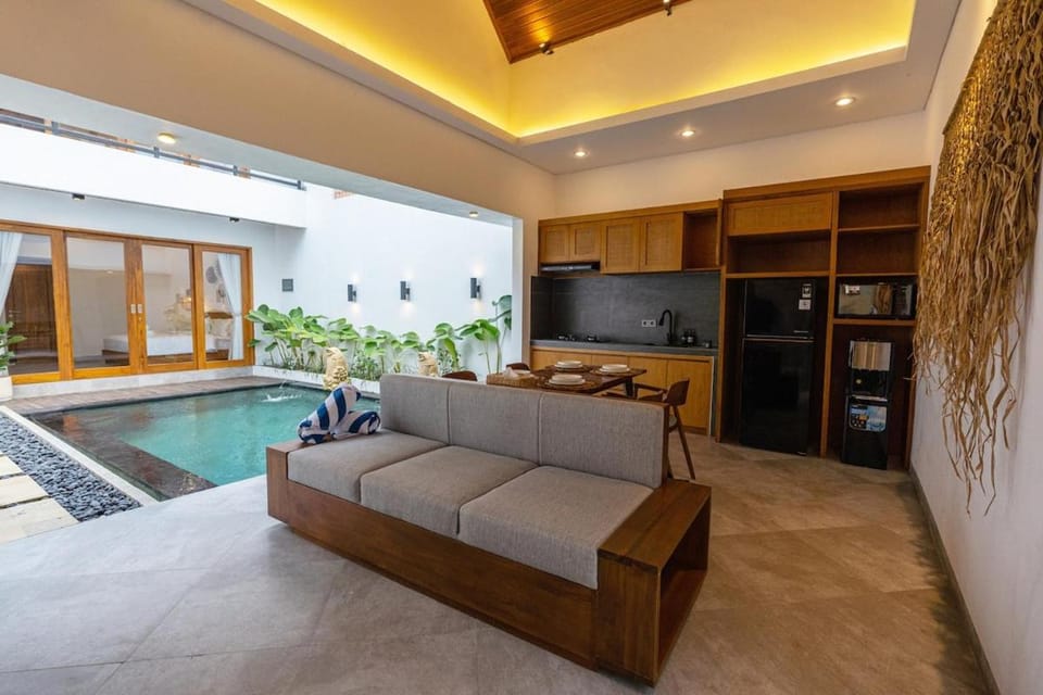 Kitchen or kitchenette, Living room, Seating area, Pool view, Swimming pool
