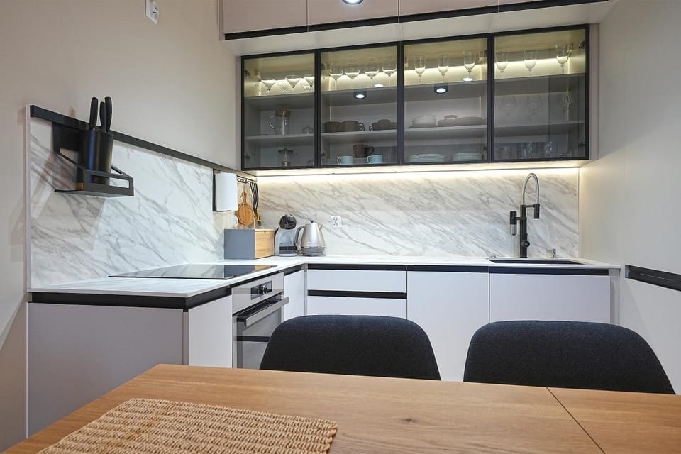 Kitchen or kitchenette, stove