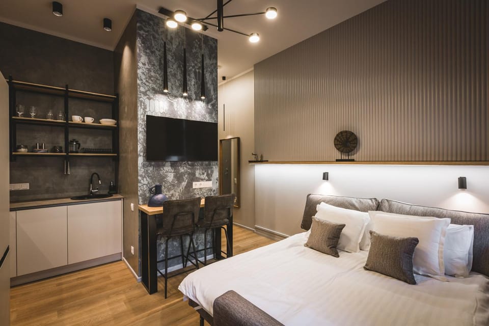 Bed, Kitchen or kitchenette, Living room, Photo of the whole room, Seating area, Bedroom