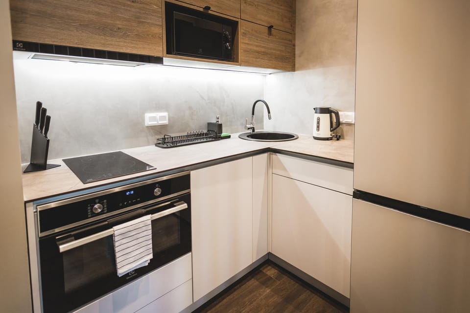 Kitchen or kitchenette, dishwasher, oven, stove