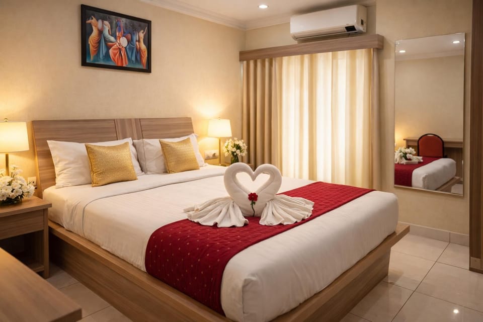 Bed, Photo of the whole room, Bedroom, towels, air conditioner